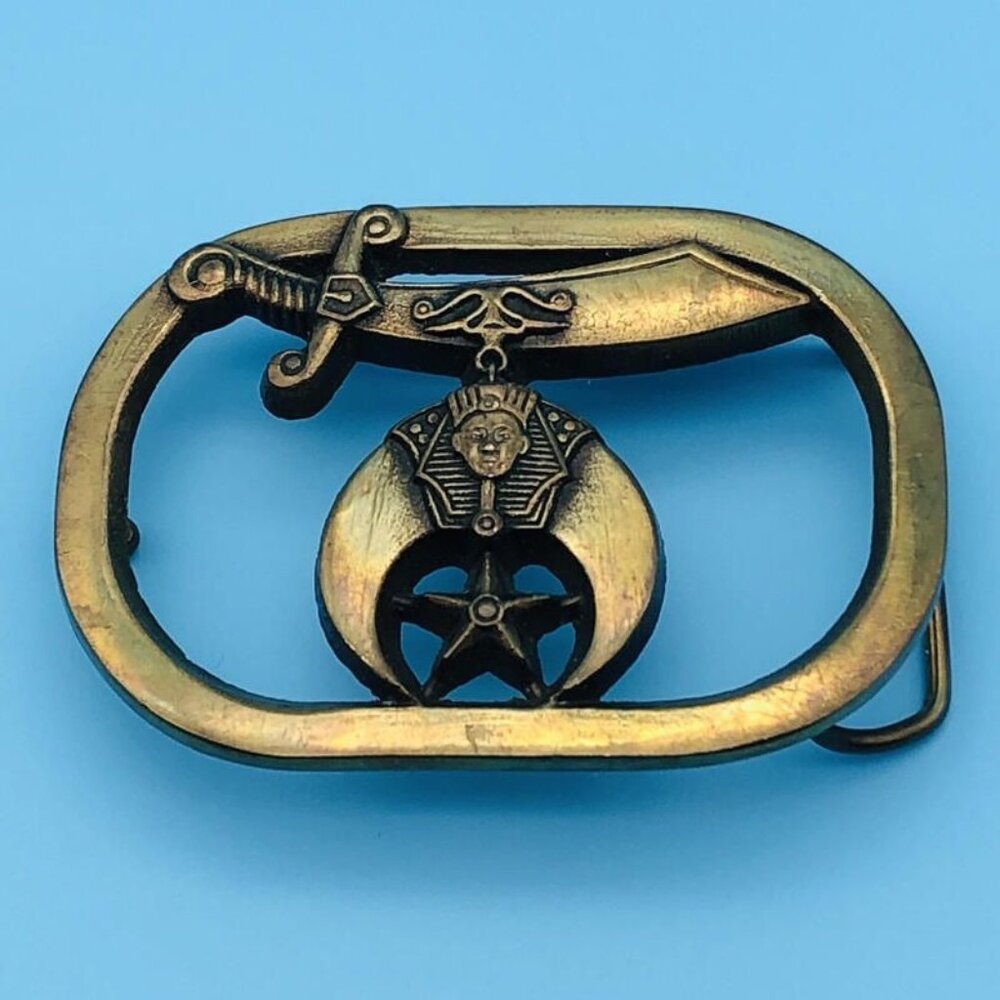 Vintage Baron Buckle Solid Brass Shriners Masonic Sword & Star Belt Buckle 1980
